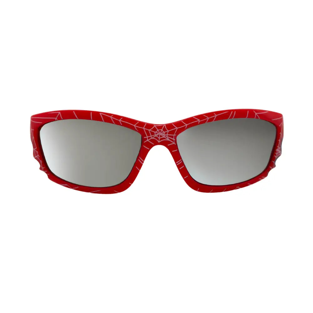Set of 12 red spider-man sunglasses with white web pattern and mirrored gray lenses in a rectangular frame