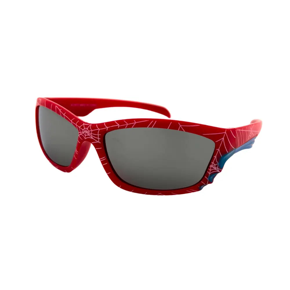 Red spider-man style sunglasses with red frames, white web pattern, blue temple accents, and gray tinted lenses set of 12