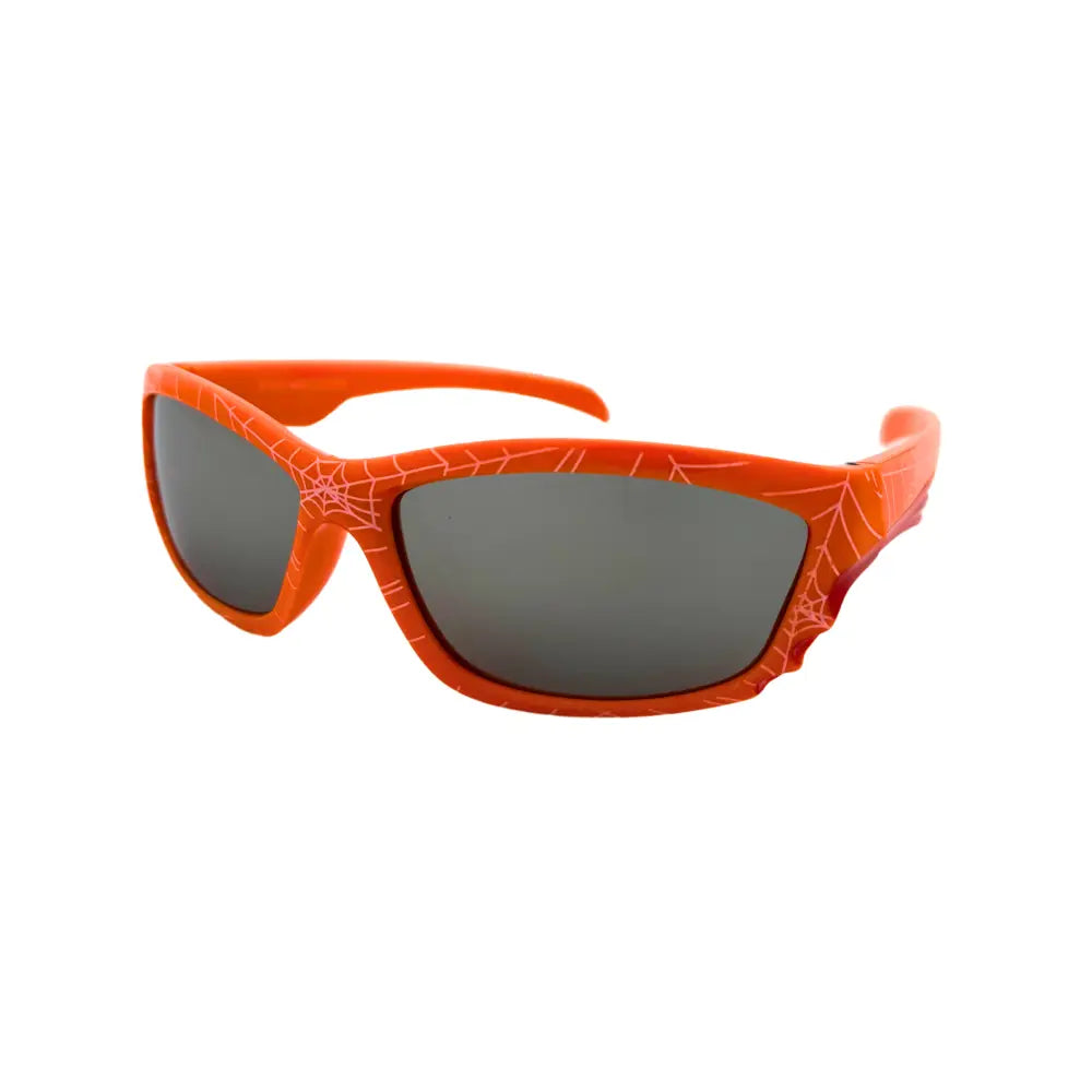 Set of 12 orange sunglasses with spiderweb patterned frames and dark gray lenses in a rectangular shape