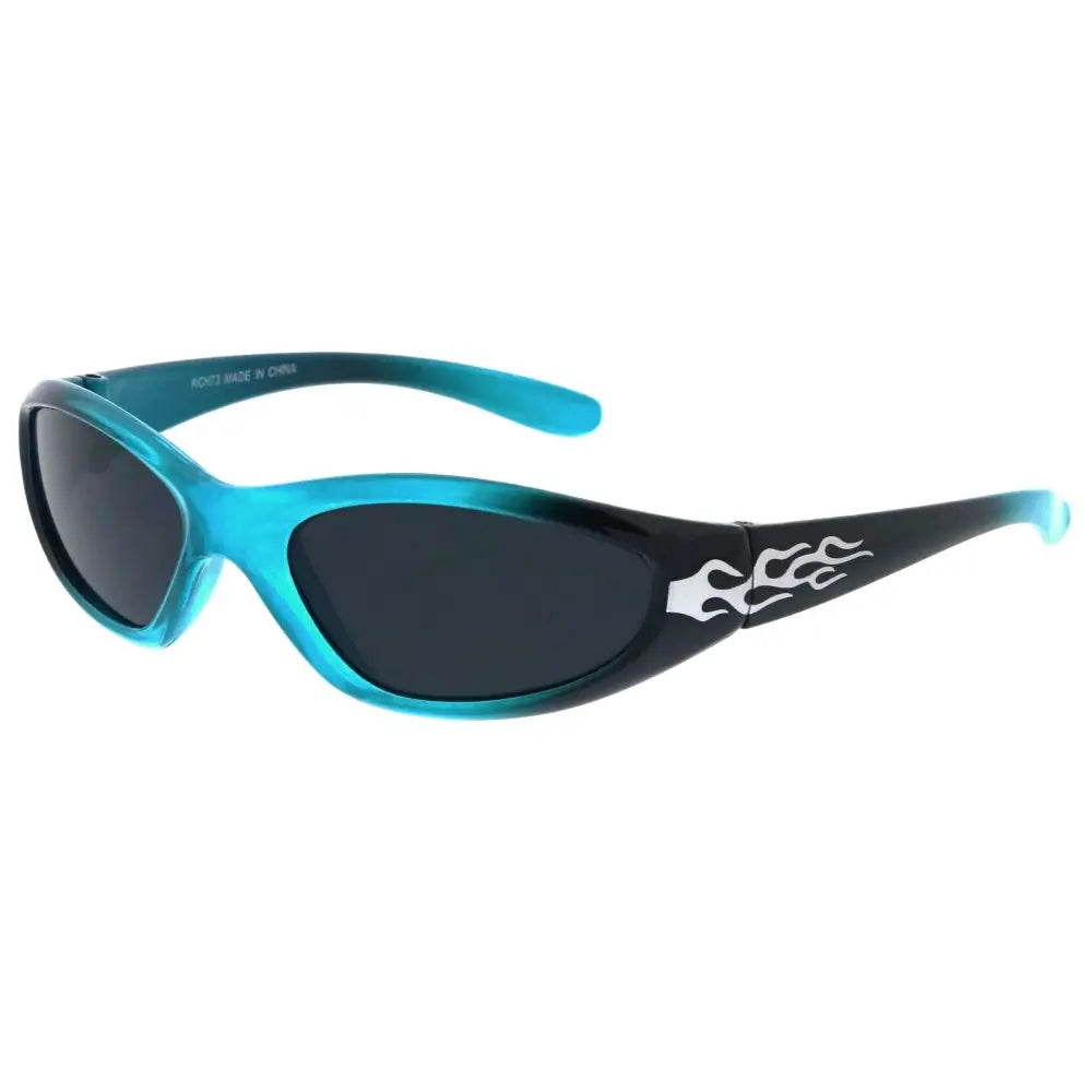 Teal and black gradient sunglasses with rectangular lenses and white flame decals on the temples set of 12