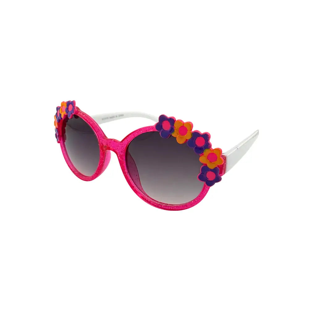 Pink glittery sunglasses with colorful flower decorations along the frame for kids kch78 set of 12