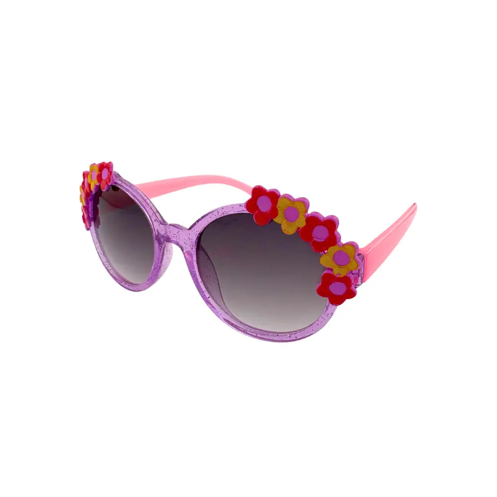 Purple glitter sunglasses with pink arms and colorful flower decorations for kids set of 12 kch78