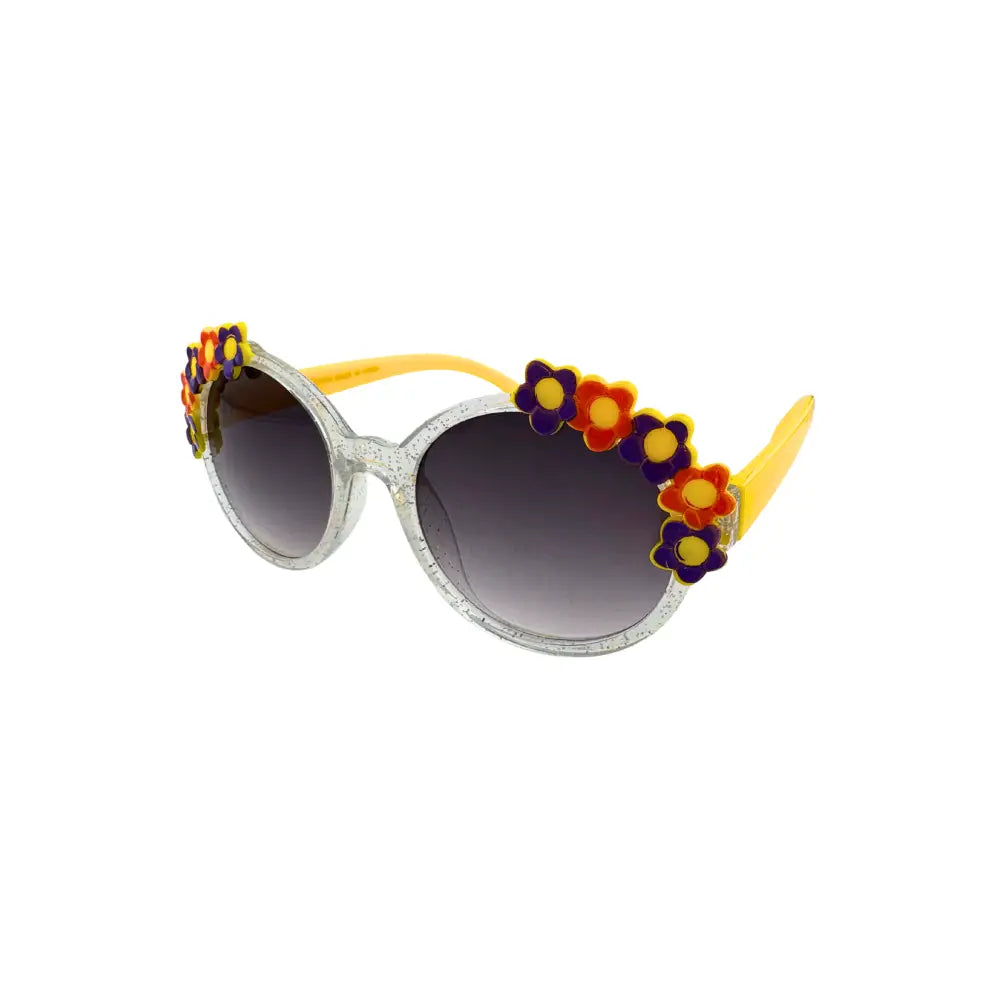 Sparkly silver-framed kids sunglasses with vibrant yellow arms and colorful flower decorations along the temples set of 12