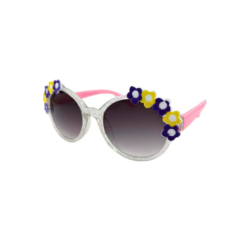 Sparkly silver-framed kids sunglasses with pink temples and colorful flower decorations along the top edge set of 12