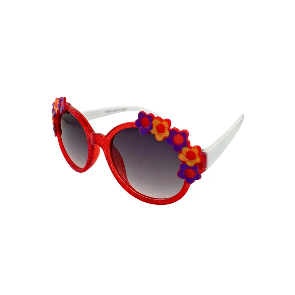 Red glittery kids sunglasses with colorful flower decorations on frame and white temple arms set of 12 kch78
