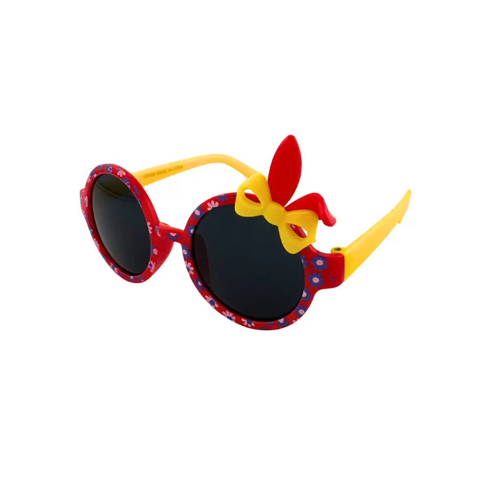 Set of 12 kids sunglasses with red and yellow floral frames dark lenses and a decorative bow on the temple