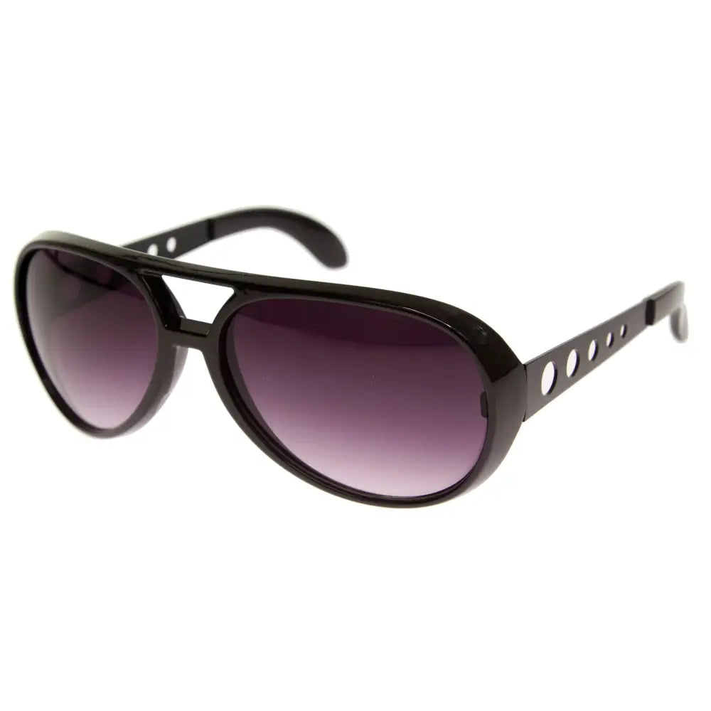 Gafas de sol de aviador negras con lentes degradados morados y recortes circulares a lo largo de las varillas, juego de 12