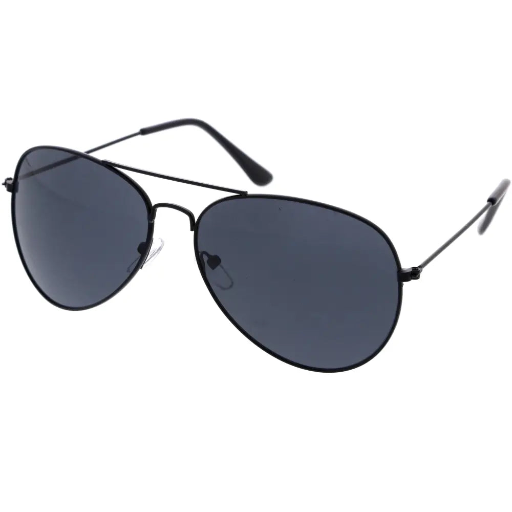 Set of 12 black aviator sunglasses with dark gray lenses and sleek metal frames labeled PE002