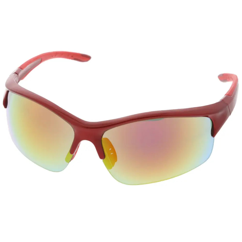 Red-framed sports sunglasses with iridescent orange yellow and blue gradient lenses set of 12 model PS4078
