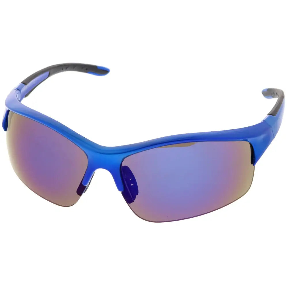 Blue sport sunglasses with mirrored lenses reflecting purple and pink gradient in a set of 12 ps4078