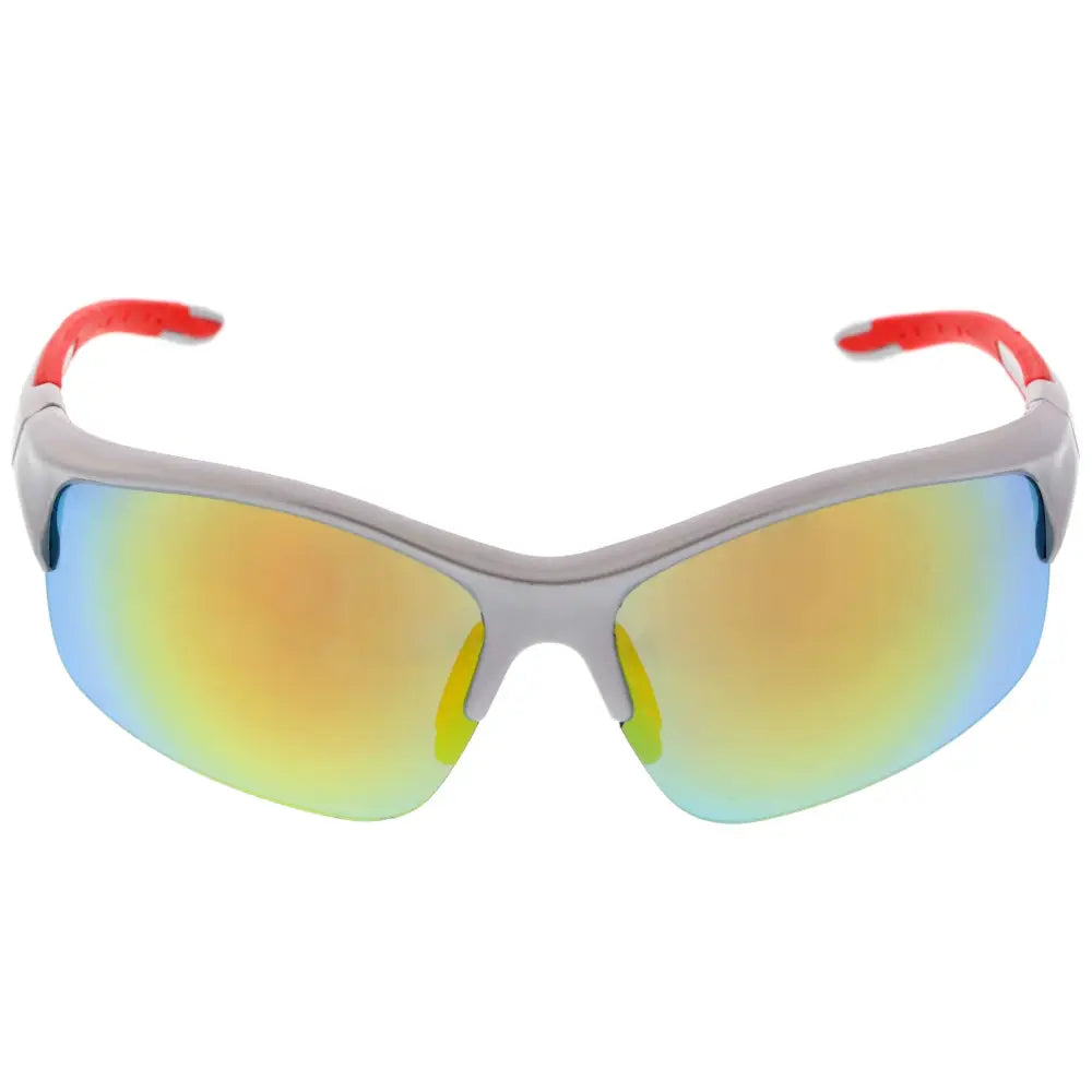 Gray and red sports sunglasses ps4078 with iridescent gradient lenses shifting from blue to yellow set of 12