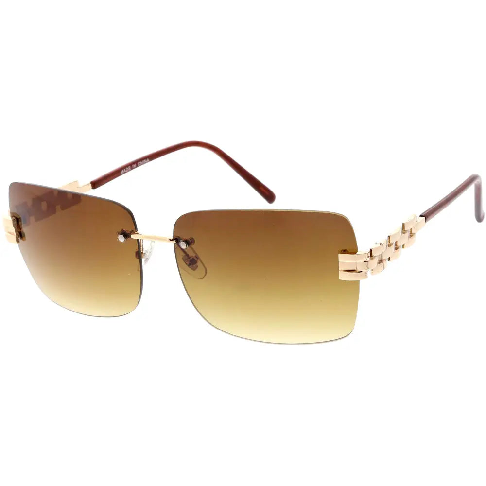 Gold-toned rectangular sunglasses with gradient brown lenses and chain-link design on the temples set of 12