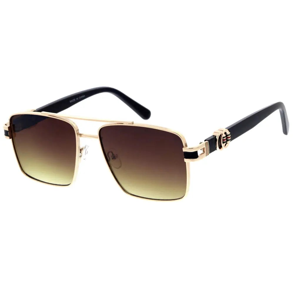 Gold-rimmed aviator sunglasses with gradient brown lenses and black temple arms with a logo accent set of 12