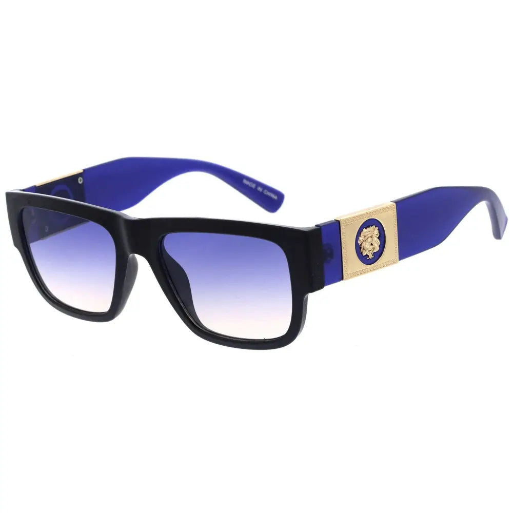 Juego de 12 gafas de sol rectangulares azules y negras con lentes degradados y emblema dorado de medusa en la varilla