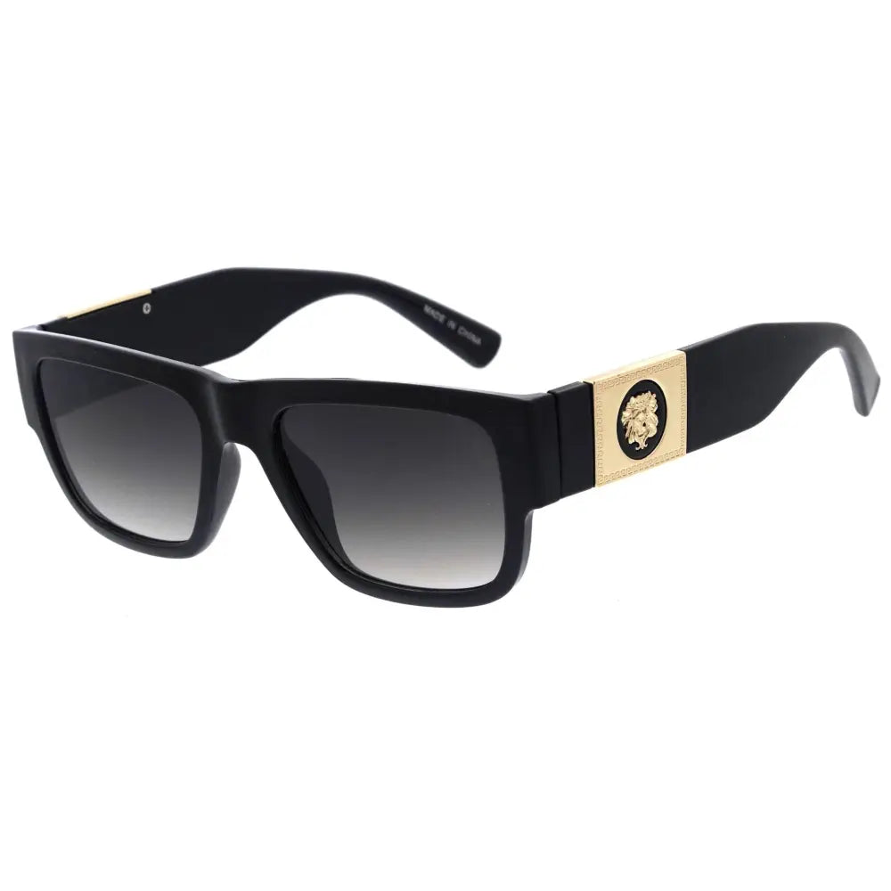 Gafas de sol rectangulares negras con lentes degradados grises y emblema dorado de cabeza de medusa en la varilla, juego de 12
