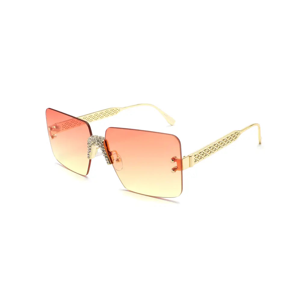 Gold-toned square-framed sunglasses with gradient orange to yellow lenses and lattice detailing on the temples set of 12
