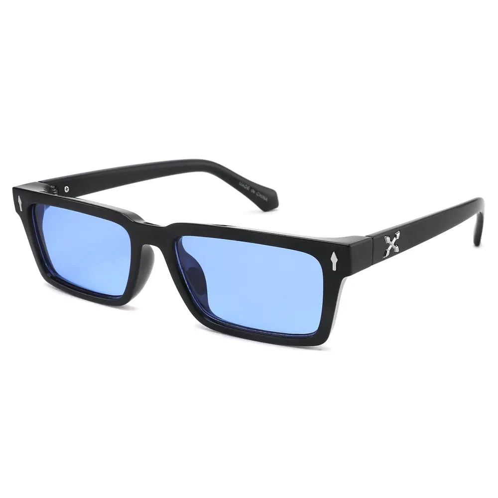 Black sunglasses with blue lenses on a white background