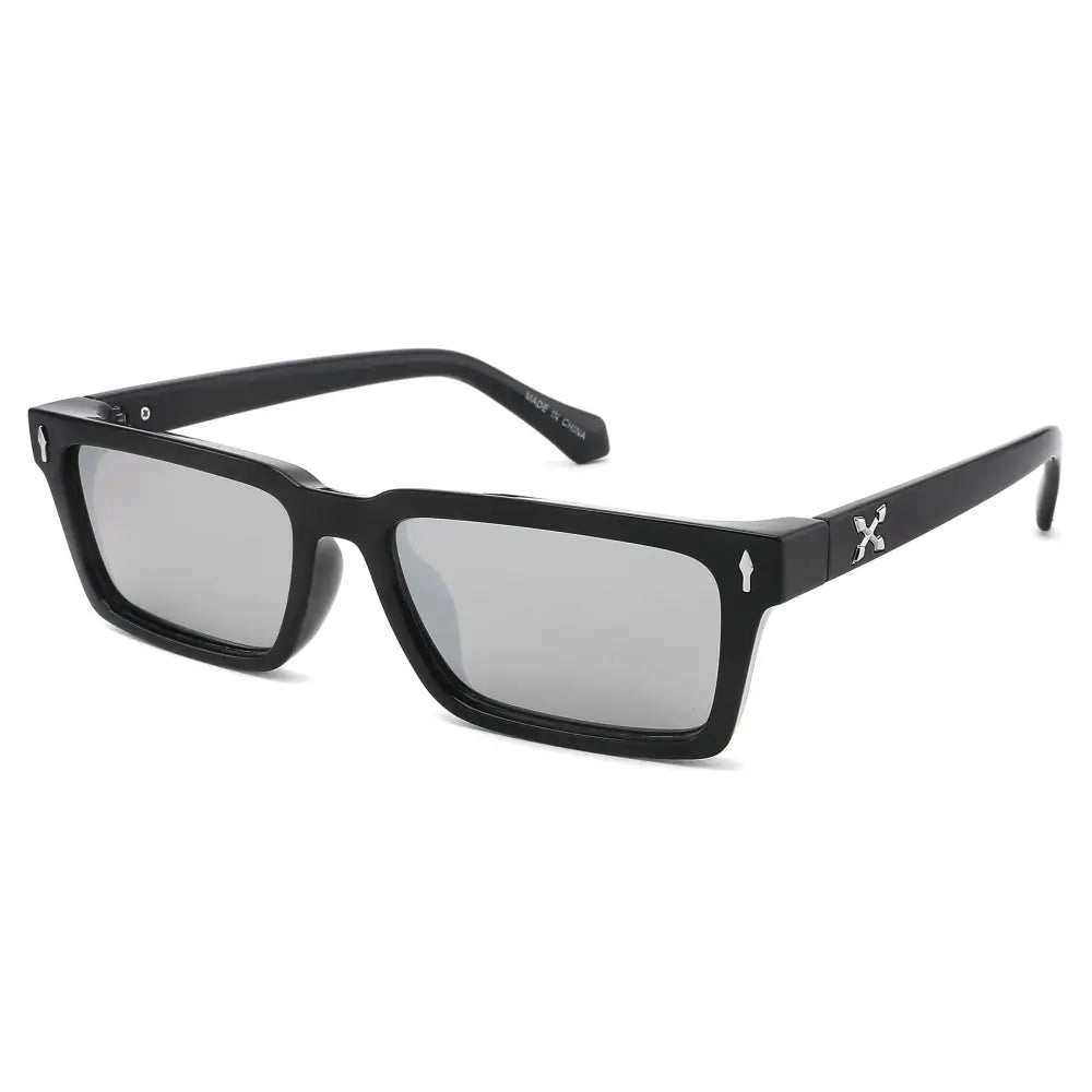 Black sunglasses with a logo on a white background