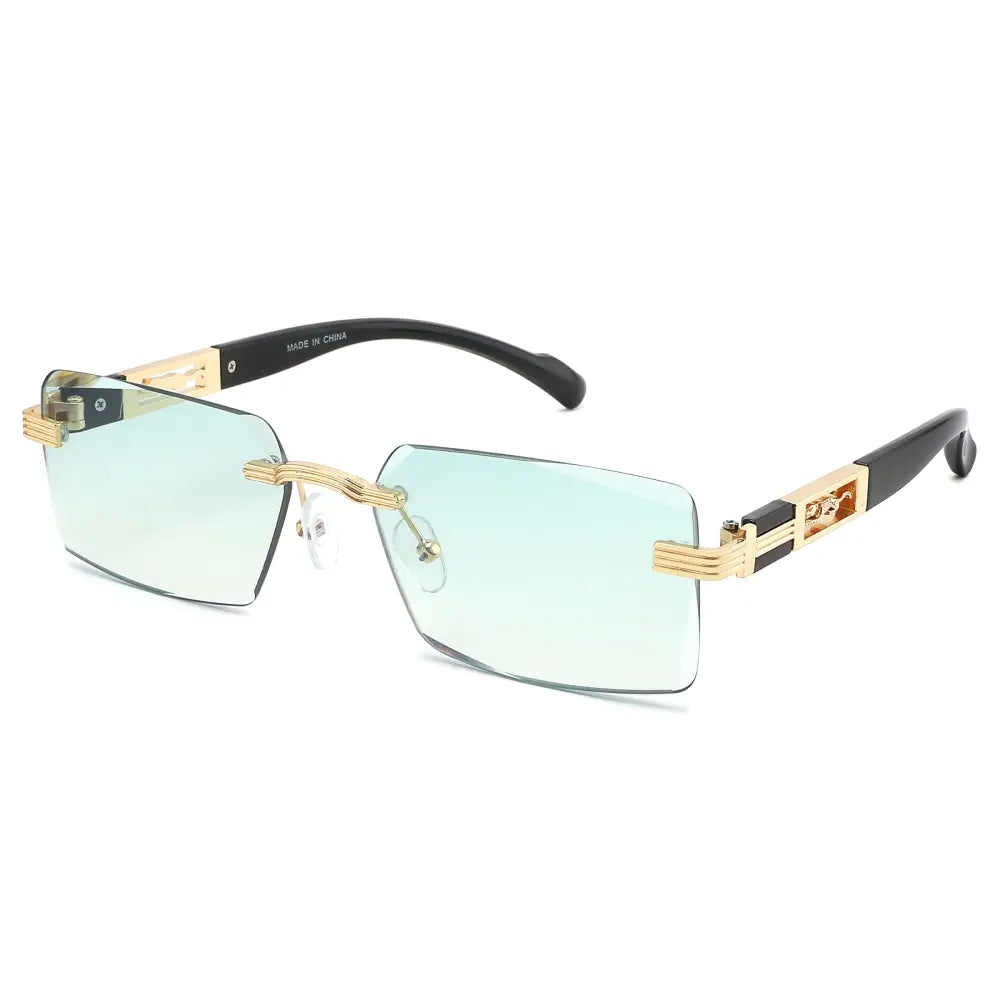 Set of 12 gold and black rimless sunglasses with light blue gradient lenses and rectangular frames sa1053