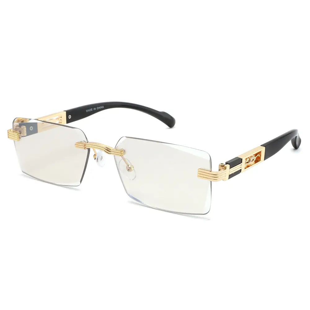 Set of 12 rimless glasses with black and gold frames and clear lenses in a sleek rectangular shape