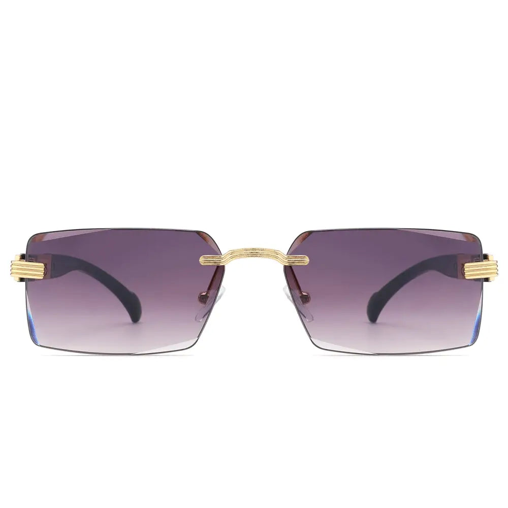 Gold-toned rectangular sunglasses with gradient purple lenses in a set of 12 with a sleek modern design