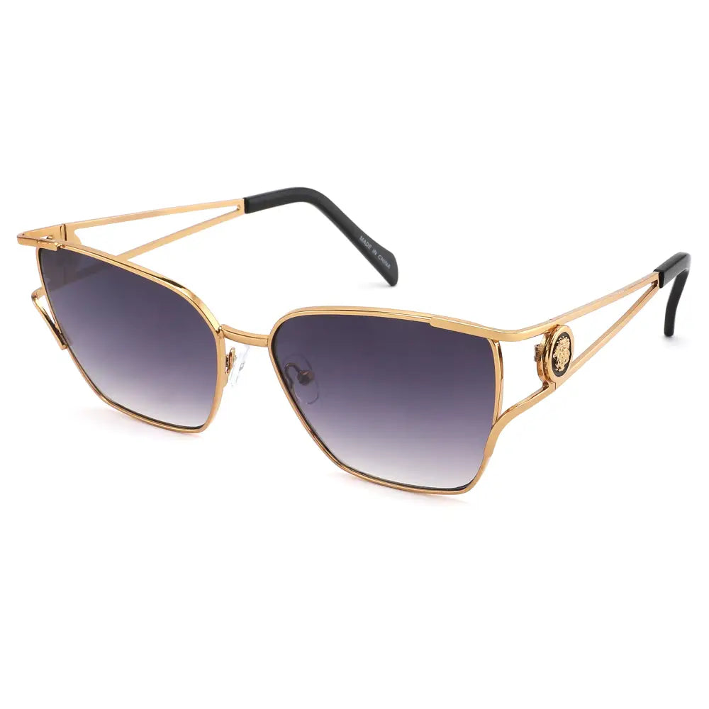 Gold-toned metal-framed sunglasses with gradient dark gray lenses black temple tips and a medusa head emblem side set of 12