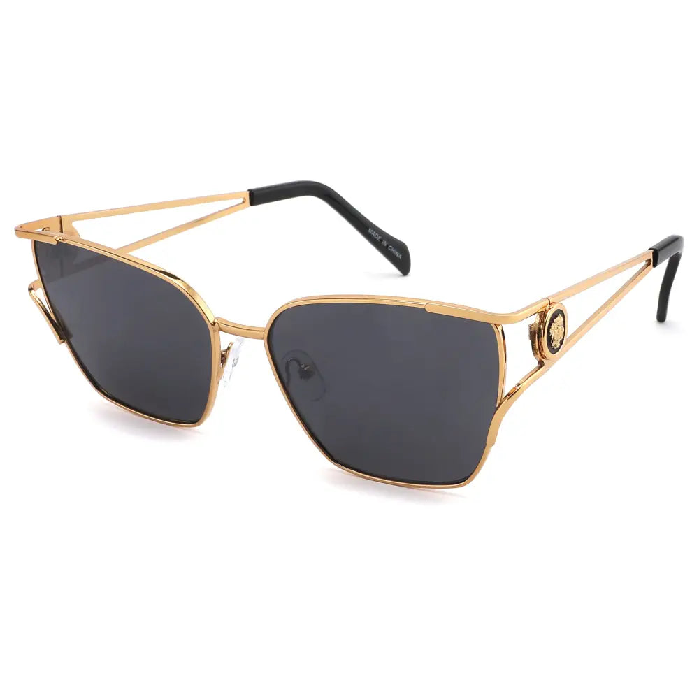 Gold-toned rectangular sunglasses with dark gray lenses and a medusa head emblem on the temple set of 12 SA1081
