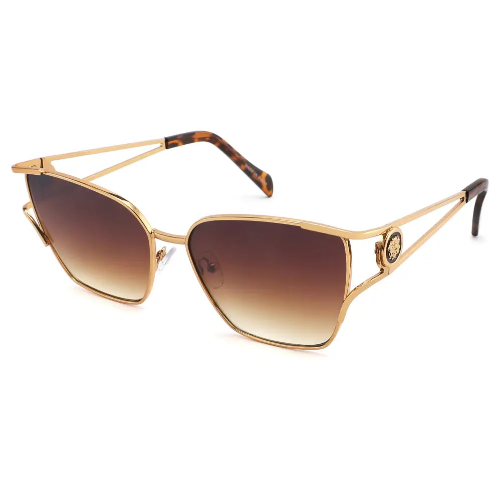 Rectangular gold-toned sunglasses with tortoiseshell temple tips and gradient brown lenses set of 12
