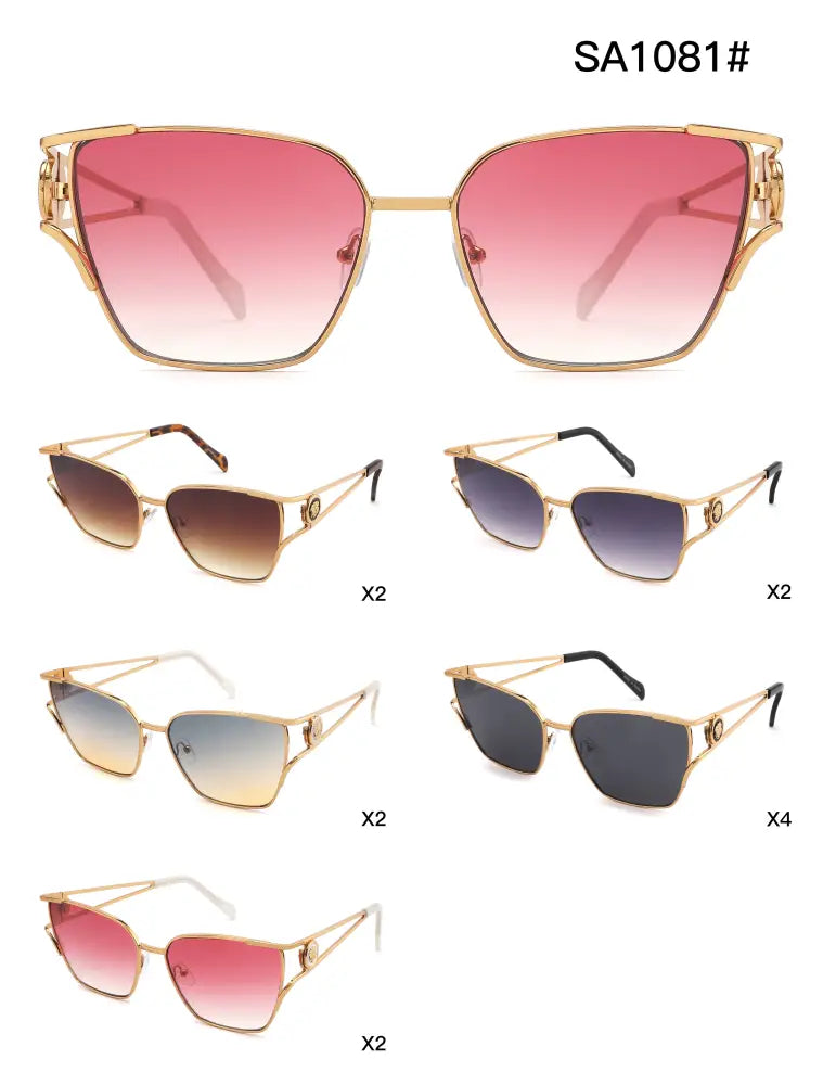 Set of 12 gold-framed sunglasses with pink gradient lenses and ornate detailing on the temples model sa1081