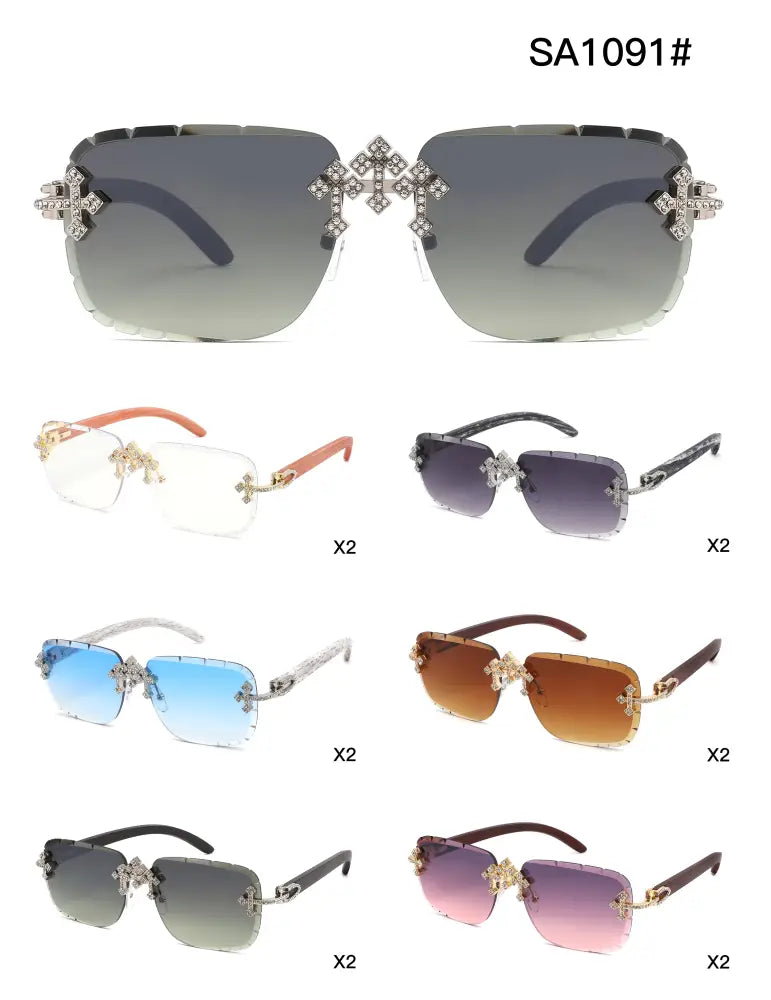 Set of 12 sunglasses with square frames, sparkling cross embellishments, and gradient-tinted multicolor lenses