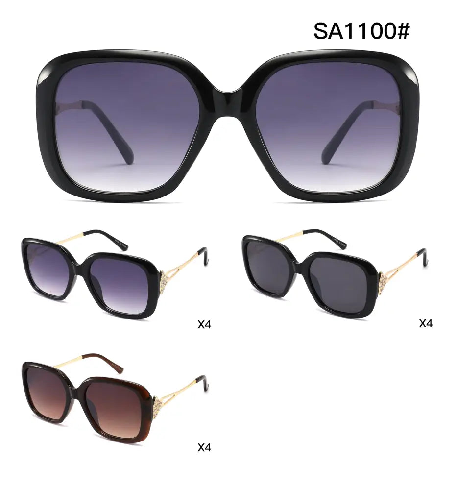 Set of 12 black square-framed sunglasses with gradient purple to clear lenses and gold-tone temple accents