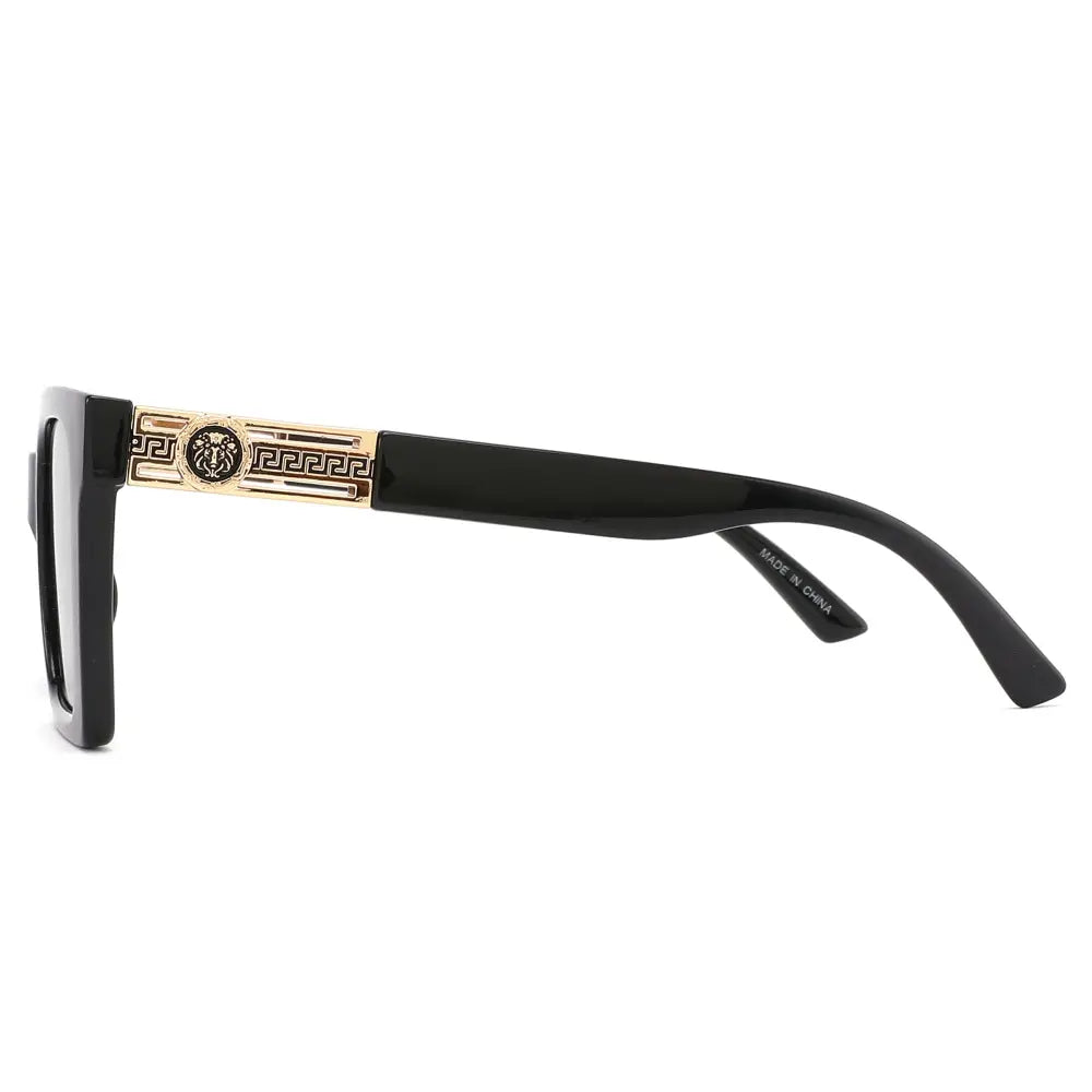 Black rectangular-frame sunglasses with gold-tone medusa head emblem and greek key pattern on bridge glossy finish set of 12