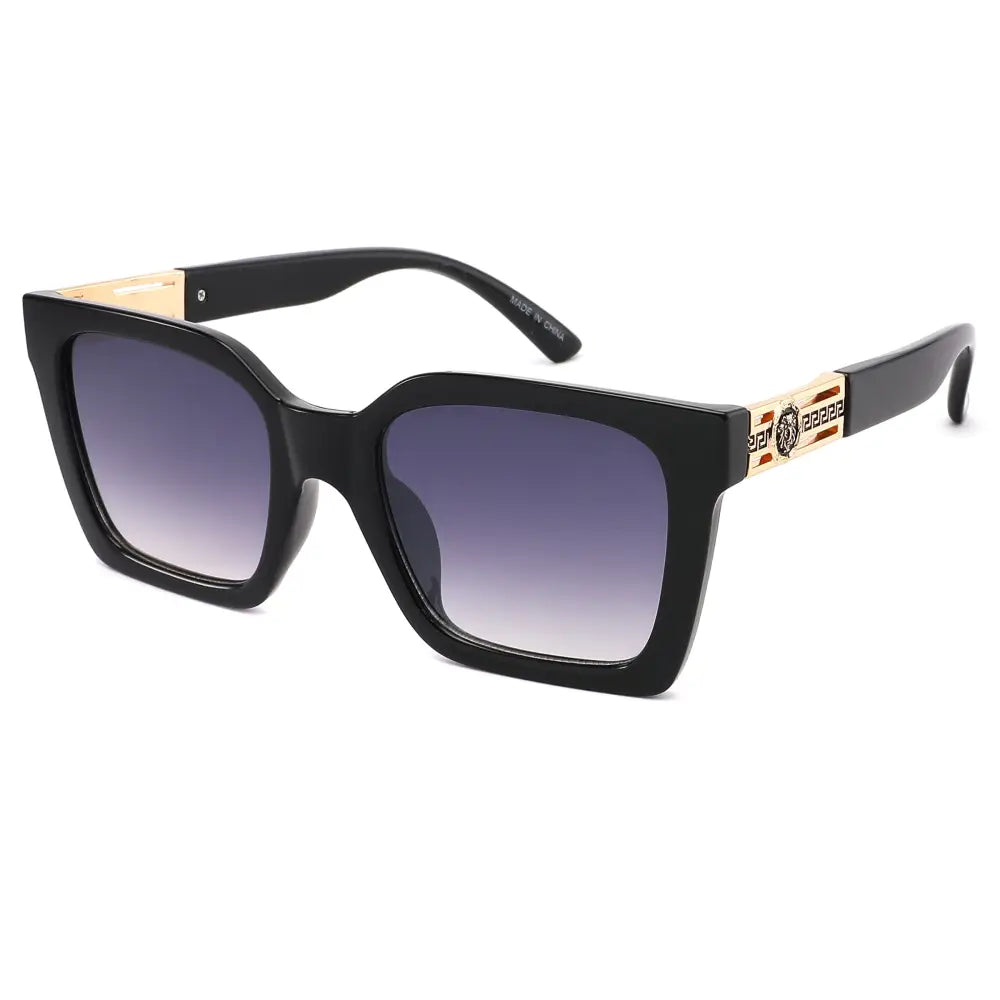 Square black sunglasses with gradient purple lenses and gold-tone decorative accents on the temples set of 12