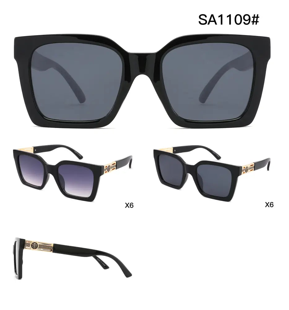 Black square-framed sunglasses with dark gray lenses and gold-tone decorative accents on the temples set of 12