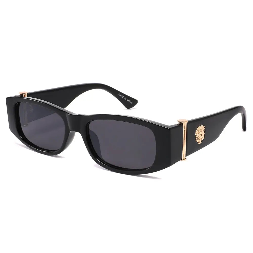 Black rectangular sunglasses with gold-tone lion head embellishments on temples and dark gray lenses set of 12