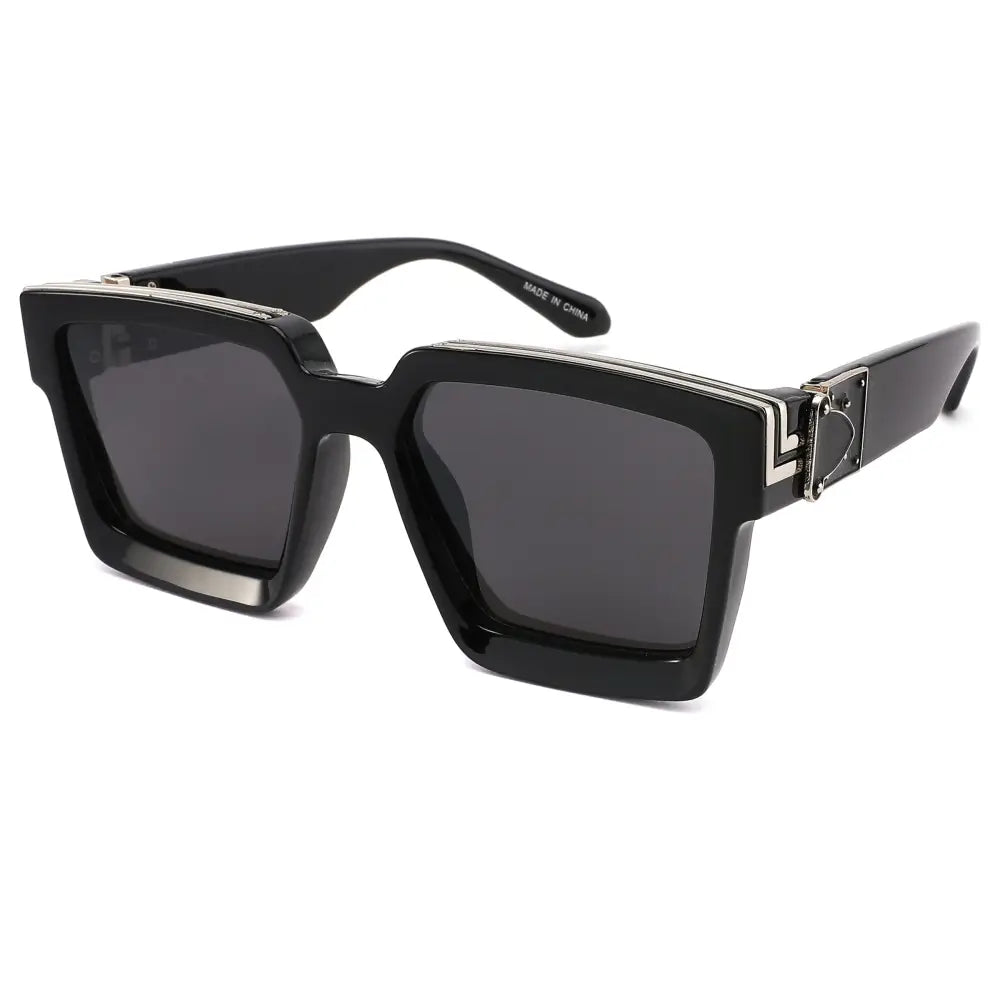 Set of 12 black square-framed sunglasses with dark gray lenses and silver metal accents on the temples
