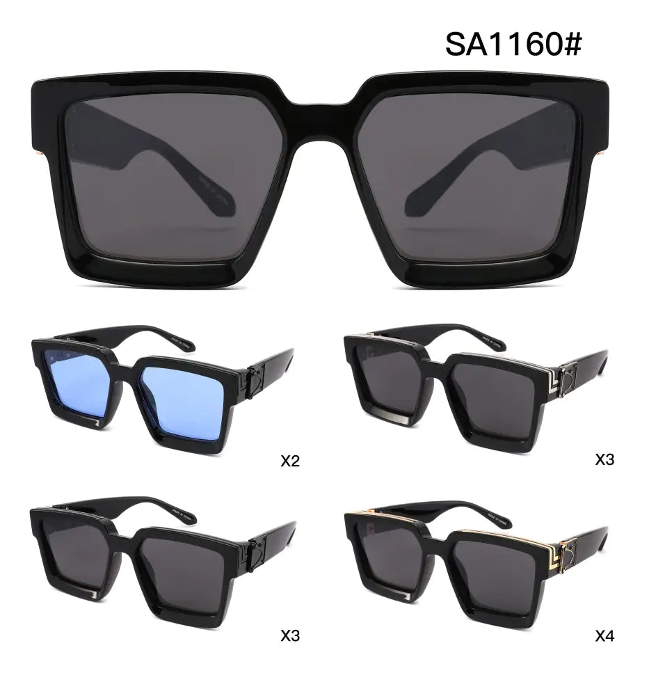 Set of 12 black square-framed sunglasses with dark gray lenses and a sleek modern design