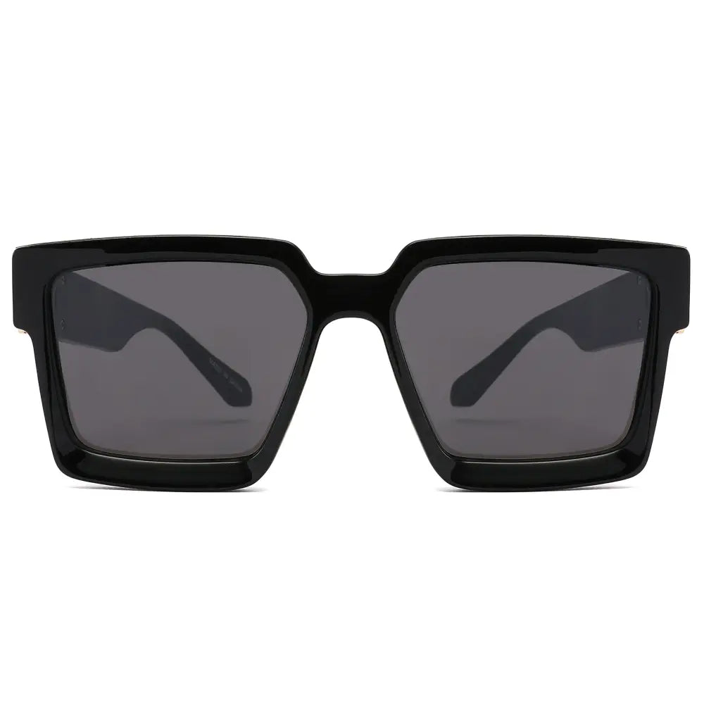 Set of 12 black square-framed sunglasses with dark gray lenses and solid plastic frames
