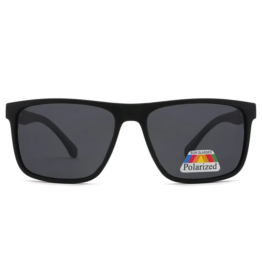 Black rectangular-framed sunglasses with dark gray polarized lenses in a set of 12 soft touch style