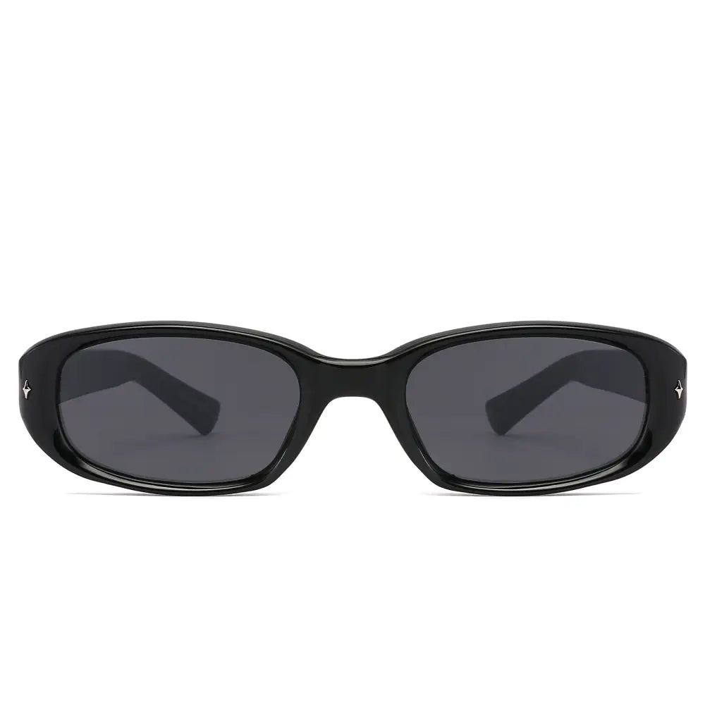 Set of 12 black oval sunglasses with dark gray lenses and small silver star accents on the temples