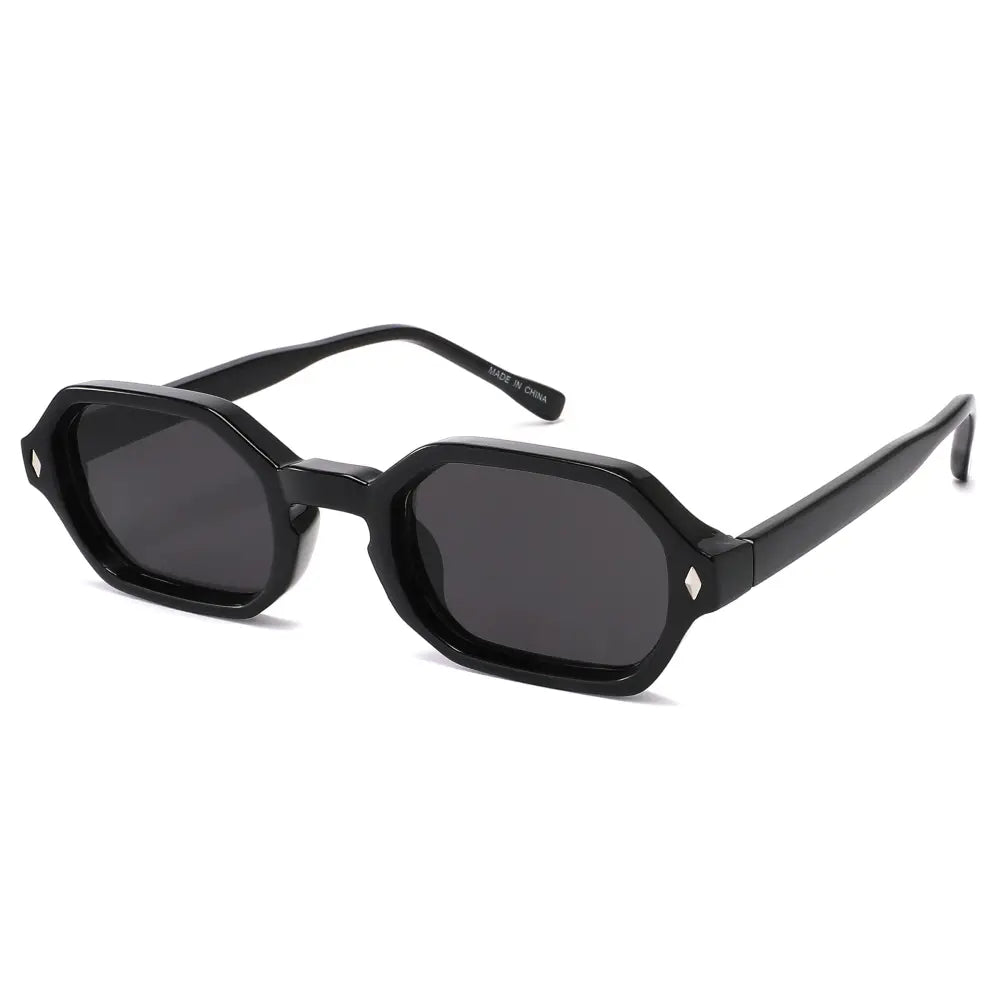 Black octagonal sunglasses with dark gray lenses and subtle diamond-shaped accents on the frame set of 12