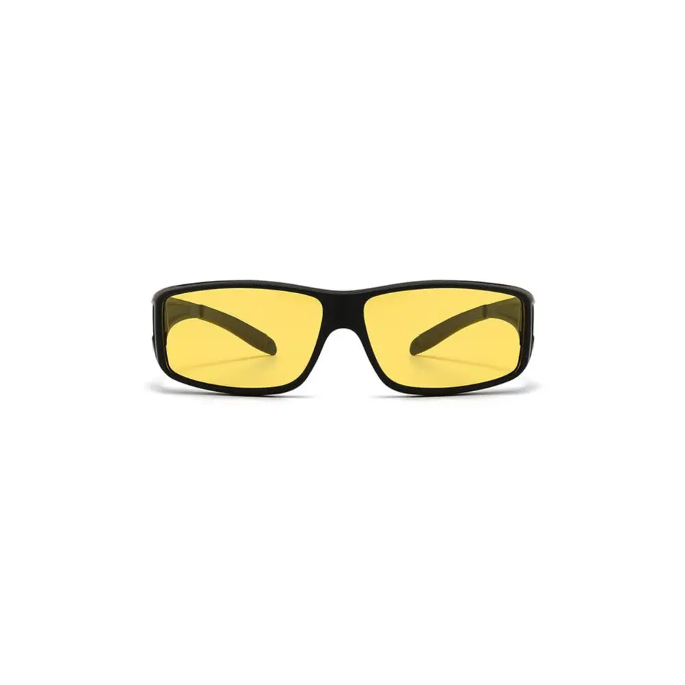 Black-framed fitover sunglasses with bright yellow lenses in a set of 12 for easy over-glasses wear