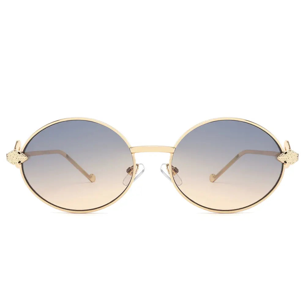 Gafas de sol redondas doradas con lentes degradados de azul a beige y adornos decorativos de abeja en cada varilla, juego de 12