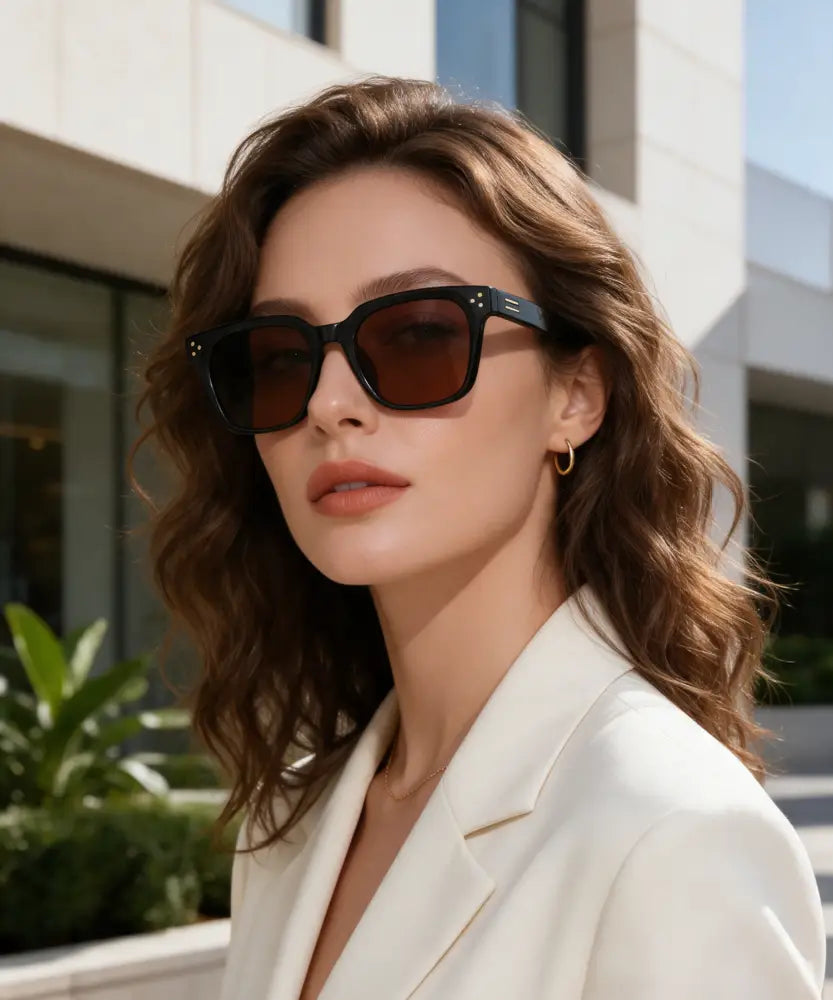 Set of 12 black-framed sunglasses with brown lenses and subtle metallic accents on the temples model SA1205