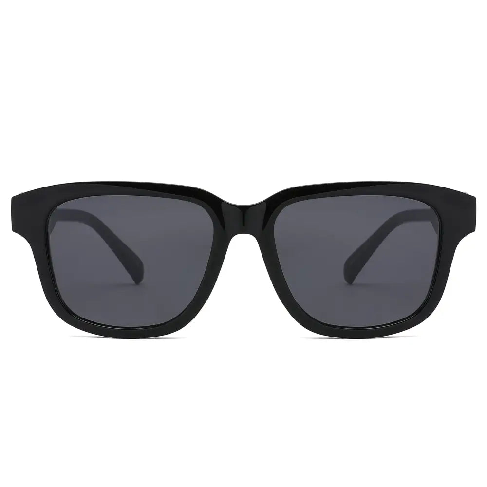 Black square-framed sunglasses with dark gray lenses shown as a set of 12 in product sa1208