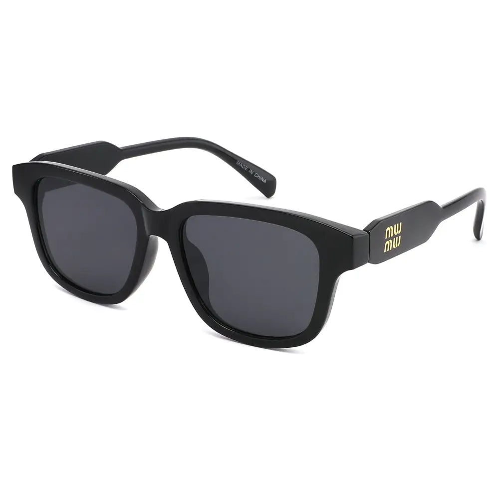 Black square-framed sunglasses with dark gray lenses and gold mw branding on the temples set of 12 sa1208
