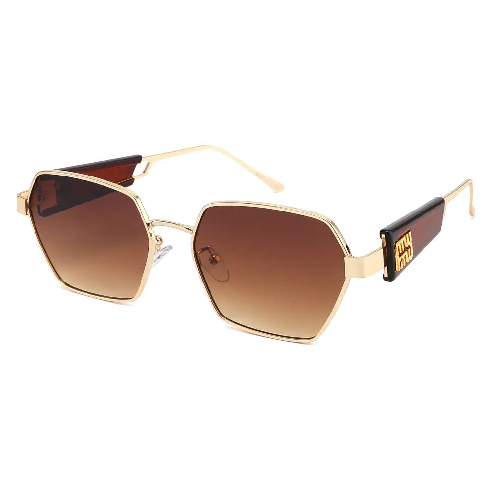 Set of 12 gold-toned hexagonal sunglasses with gradient brown lenses and black temples with gold lettering