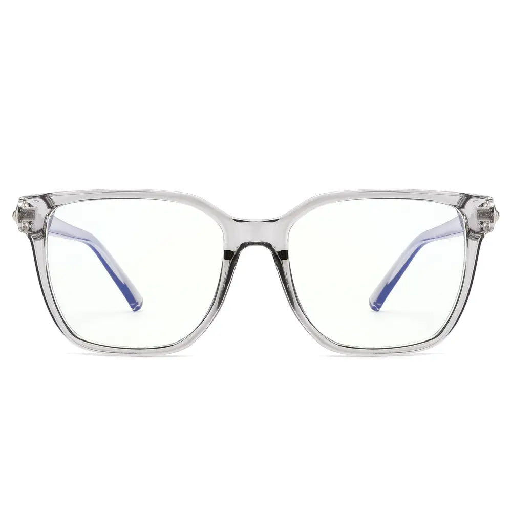 Clear rectangular-framed glasses with subtle blue accents on the temples and blue light lenses set of 12
