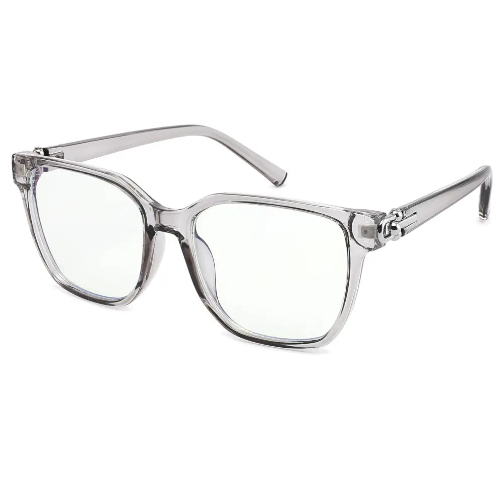 Clear rectangular framed blue light glasses with metallic temple accents in a set of 12