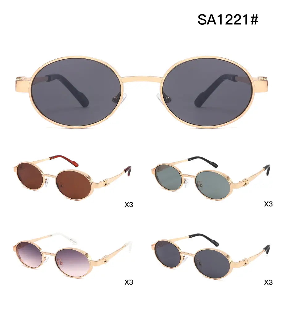Set of 12 gold-toned oval sunglasses with dark gray lenses featuring a vintage-inspired design